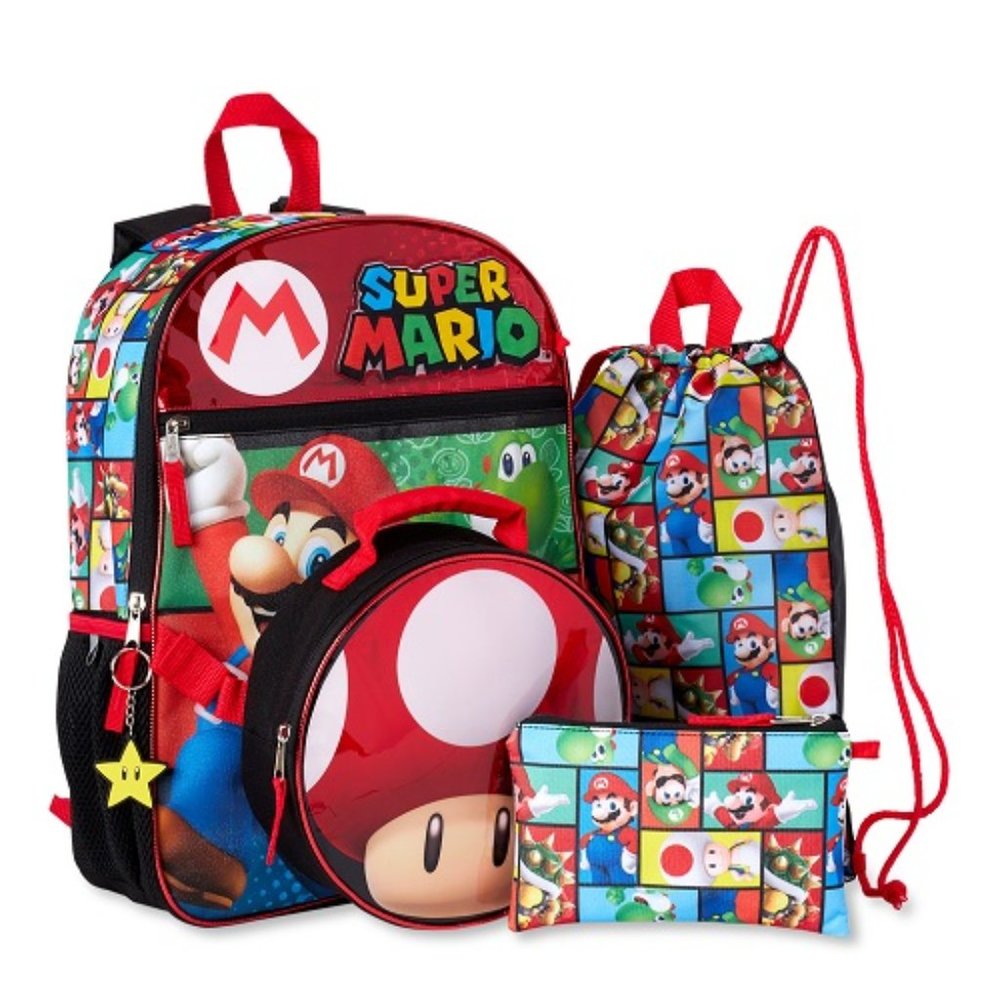Super Mario 5 Piece Backpack Set 12”W x 16”H x 5”D